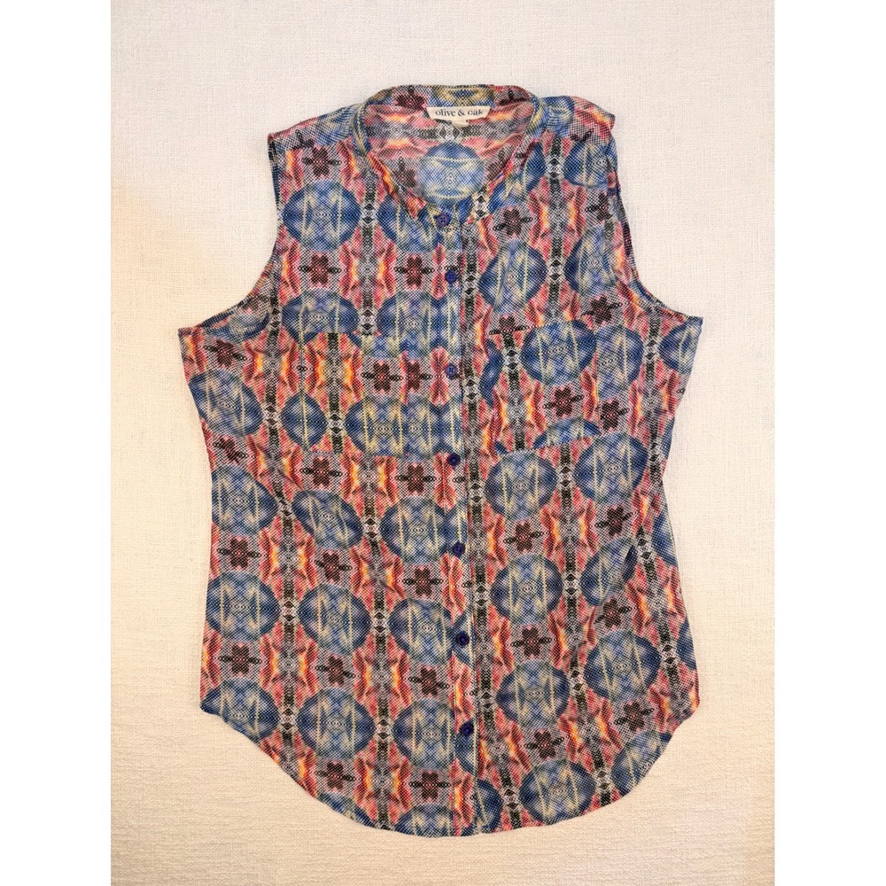 Olive & Oak Womens Sleeveless Geometric Southwestern Print Button Down Top Med